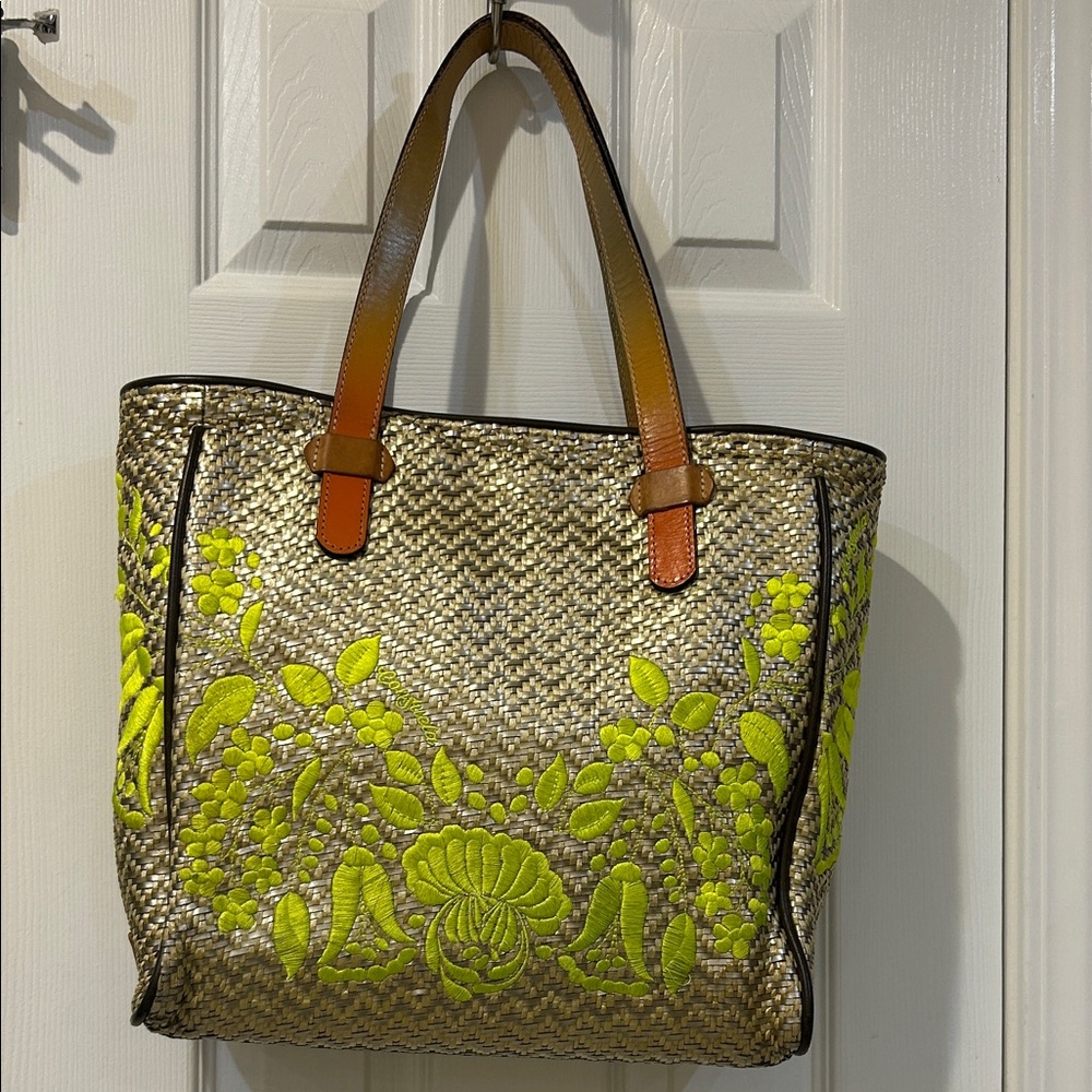 Consuela Straw Tote with Neon Yellow Floral Embroidery and Tan Handles